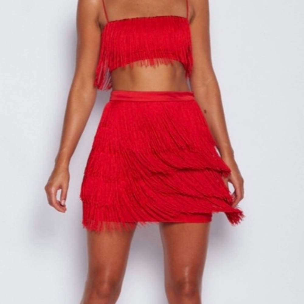 Red Fringe Two-Piece Crop Top & Skirt Set